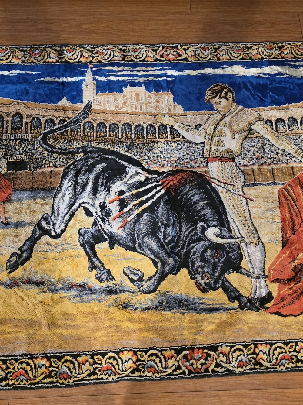 Spanish Bullfight Wall Tapestry in Black, Blue, Gold, Red